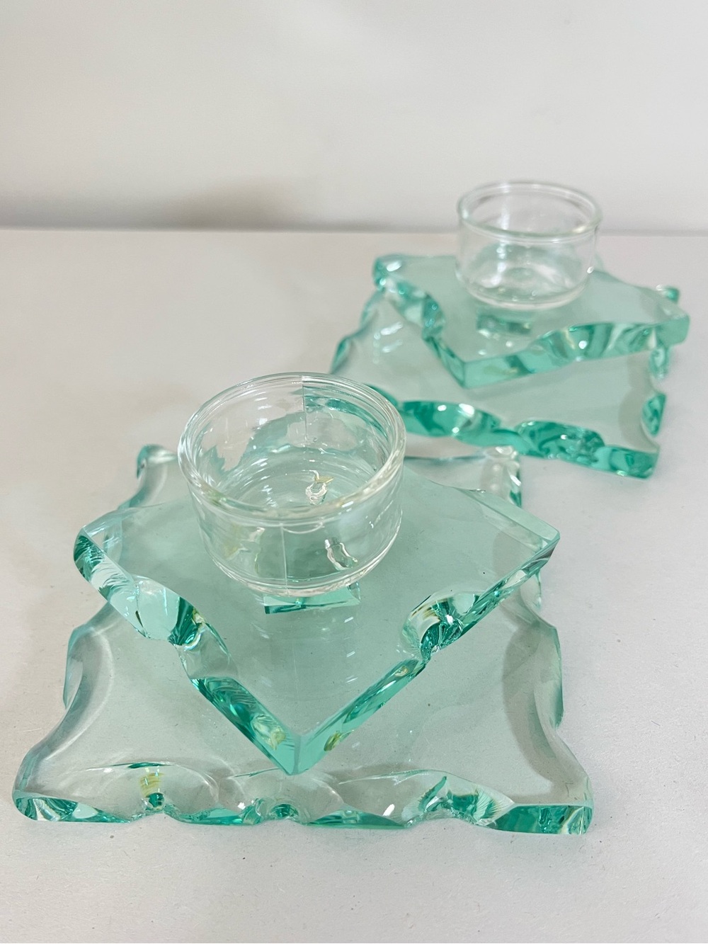Aqua Glass Tealight Holders Set of Two - Heavy